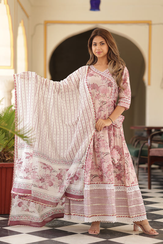 Beautiful Printed Onion Flower Angrakha  Cotton Kurta Pant Set with Designer Dupatta Set