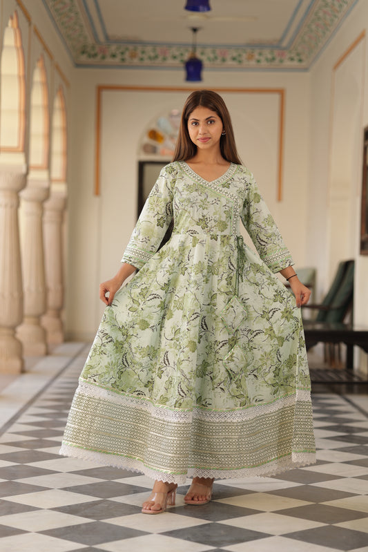 Mahabdi Green Printed Angrakha Cotton Kurta Pant Duptta Set