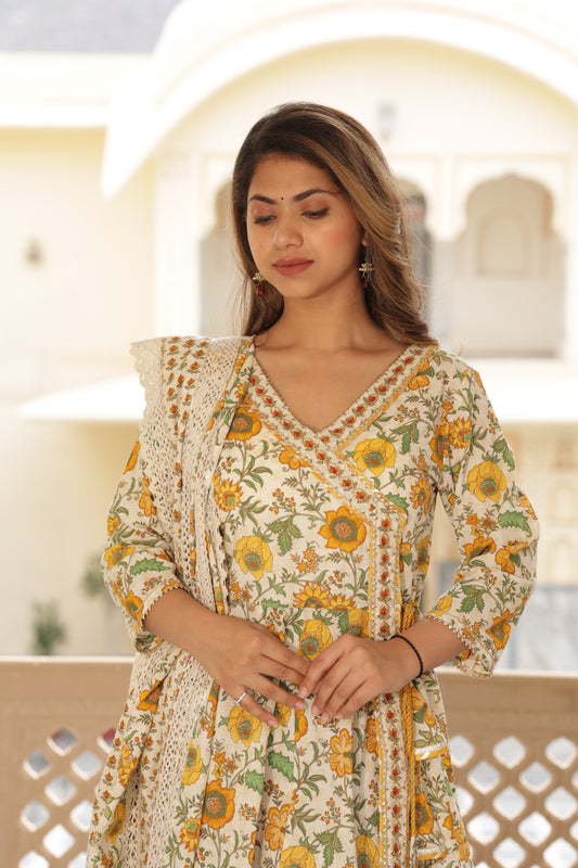Beautiful Printed Yellow Flower Angrakha  Cotton Kurta Pant Set with Designer Dupatta
