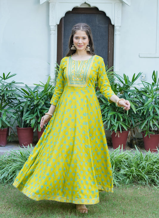 MOR Attractive Heavy Dress Anarkali Gown For Woman & Girls Long Kurta (Yellow)
